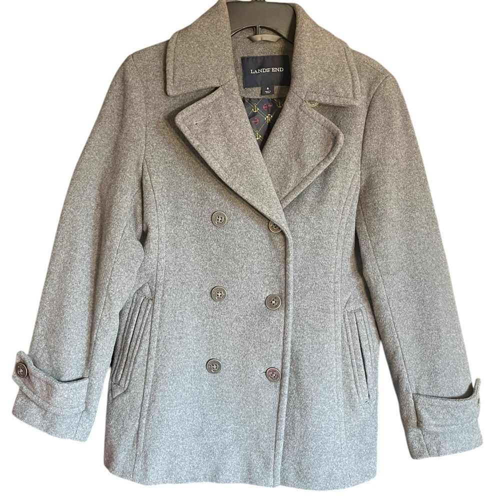 Lands' End Women’s Gray Wool Peacoat with Wide Lapel Collar Sz 8